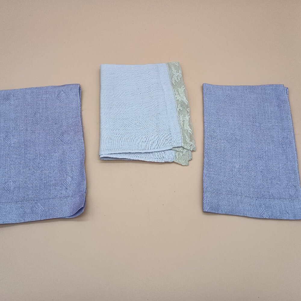 Vintage Cotton Handkerchiefs Set of 3 Purple Rectangular Hankies Jacquard Lace